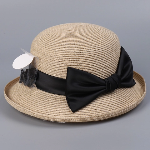 Women Straw Sun Hat Paper Polyester Breathable UPF 50 Plus Sun Protection Foldable French Elegant Satin Bow Beach Bucket Hat