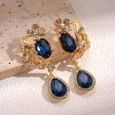 Pendientes Largos De Flor Vintage Aleación Con Cristal Azul Y Poste De Plata Joyería Elegante De Banquete Para Mujeres
