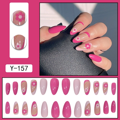 Rose Pink Almond Aufklebbare Nägel Mit Kleinem Blumen Und Französischem Goldlinien Design Glänzend Süß Für Frauen