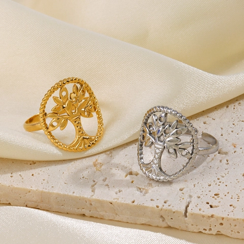 Lebensbaum Ring Edelstahl Verstellbar Offen Hohl Rundes Baummuster Minimalistischer Schmuck Für Damen