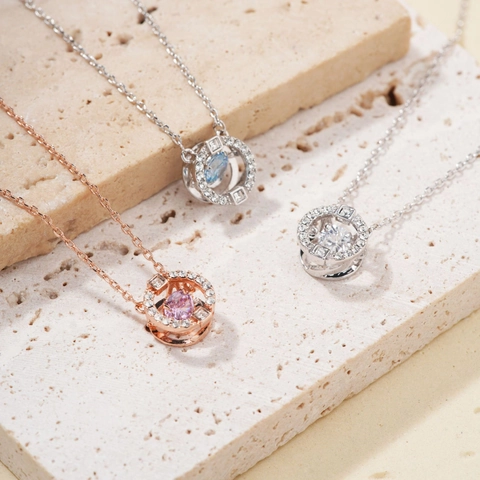 Dansend Hart Hanger Ketting Koper Cubic Zirconia Ronde Dubbele Ring Zwevende Steen Mode Sieraden Voor Dames