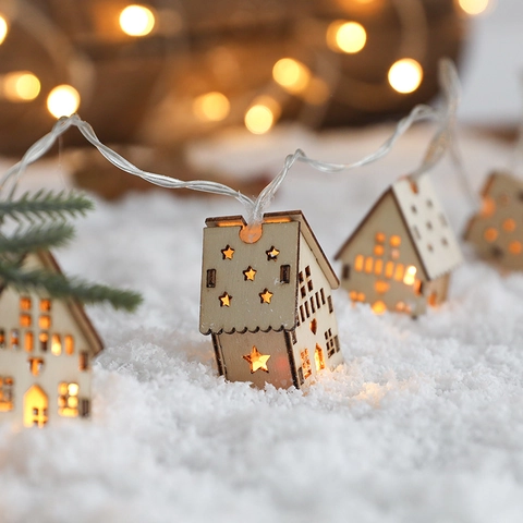 Guirnalda De Luces LED De Navidad Casa De Madera Reno Muñeco De Nieve Blanco Cálido Adornos Colgantes