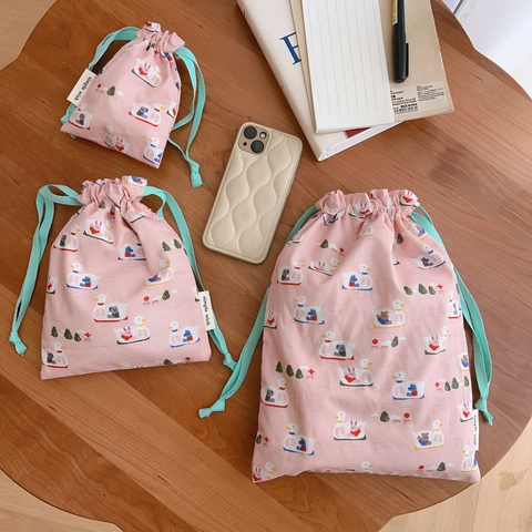 Cartoon Animal Print Drawstring Storage Bags Pouch Pure Cotton Double Layer Japanese Sweet Style Women Girls Travel Organizer