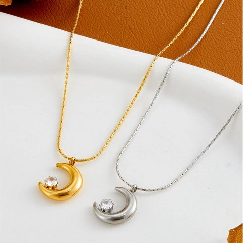 Collana Con Pendente A Mezzaluna In Acciaio Al Titanio Con Zircone Catena Per Clavicola Minimalista Gioielli Per Donna
