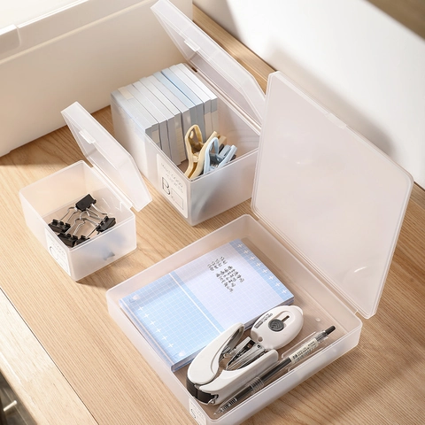 Transparent PP Plastic Desktop Storage Box Rectangle Flip Lid Dustproof Case For Stationery Jewelry Makeup Hardware Organizer