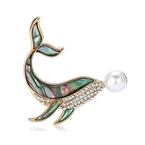 Broche de Ballena de Aleación de Moda Con Concha de Abulón Perla Artificial Diamantes de Imitación Insignia de Animal para Mujer