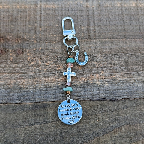 Portachiavi Benedizione Cavaliere Western Vintage Lega Targhetta Incisa Ferro di Cavallo Croce Perline Regalo Equestre