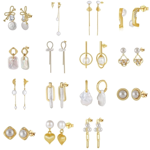 925 Sterling Silver Freshwater Pearl Earrings For Women Elegant Gold Plated Rhinestone Stud Drop Dangle Earrings Jewelry