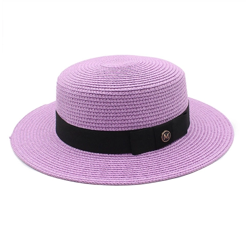 Elegant Woven Straw Boater Hat Women Sun Protection Flat Top Beach Vacation Ribbon Metal Letter Decoration