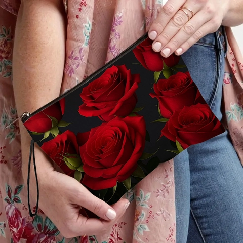 Red Rose Floral Makeup Bag Linen Cosmetic Organizer With Zipper And Wrist Strap Travel Toiletry Pouch Daily Handbag