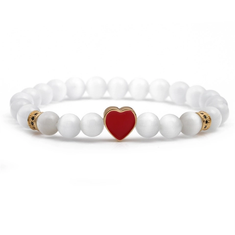 Bracciale Di Perline In Pietra Occhio Di Gatto Bianco Ciondolo A Cuore In Smalto Di Rame Gioielli Eleganti Per Donna Regalo Romantico