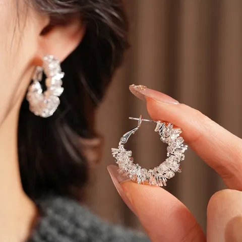 Orecchini A Cerchio Rotondi Geometrici Irregolari Con Strass Baguette Rame Silver Earring Post Gioielli Eleganti