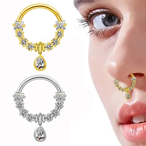 Elegante Koperen Zirconia Neusring Gesloten Septum Ring Waterdruppel Hanger Piercing Sieraden Voor Vrouwen Huwelijkscadeau