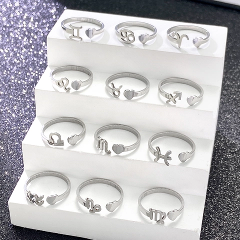 Stainless Steel Adjustable Open Ring For Women Heart Shaped Twelve Constellations Zodiac Fashion Jewelry Finger Ring Accessory