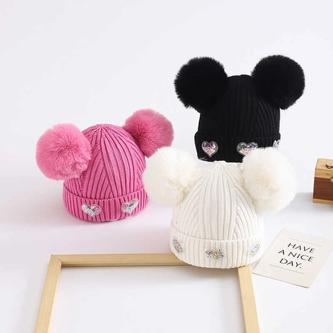 Kinder Baby Strickmütze Handschuh Winter Warm Doppel Pompon Herz Pailletten Beanie Mütze Für Jungen Mädchen 3-7 Jahre Acryl Kopfbedeckung