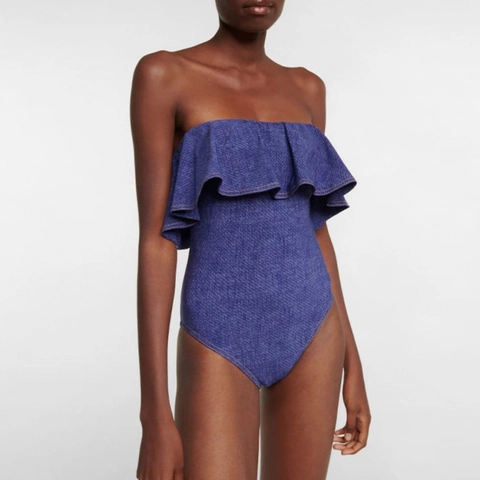 Γυναικείο Μαγιό Denim Print Με Βολάν Χωρίς Τιράντες Εξώπλατο Μαγιό Παραλίας Μόδα Κομψό