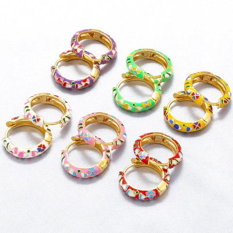 Colorful Enamel Floral Copper Hoop Earrings For Women Sweet Drip Oil Heart Flower Huggie Earrings Bohemian Fashion Jewelry Gift
