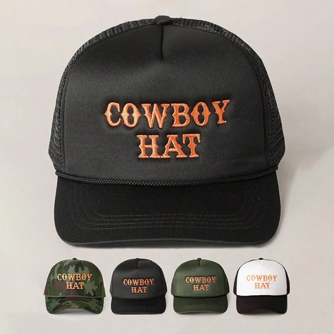 Geborduurde Trucker Pet Polyester Mesh Cowboy Hat Belettering Verstelbaar Ademend Zonbescherming Baseball Cap Y2K Retro
