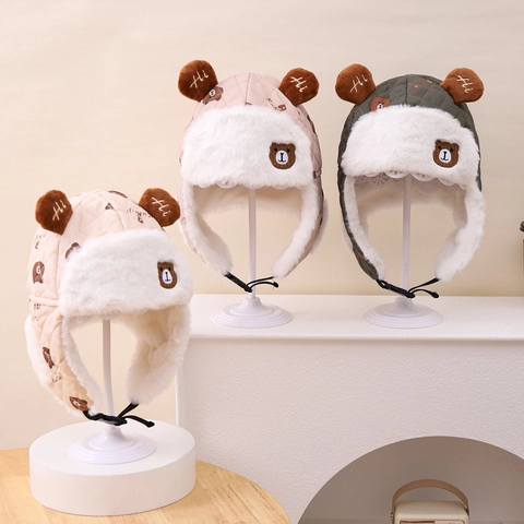 Children Winter Lei Feng Hat Windproof Warm Ear Protection Hat With Cartoon Bear Ears For Boys Girls Kids Quilted Cap