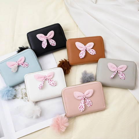 Women Sweet Bowknot Small Wallet PU Leather Zip Coin Purse With Polka Dot Bow And Fur Ball Keychain Fashion Card Holder