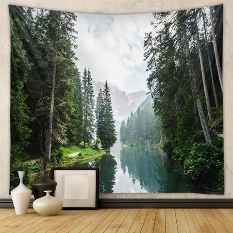 Nature Landscape Tapestry Wall Hanging Forest Scenery Mountain Lake Sunrise Digital Print Polyester Fabric Home Decor Bedroom