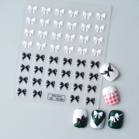 5D Nagelkunst Stickers Met Reliëf Strikjes Ontwerp Stereo Textuur Zwart Wit Zelfklevende DIY Manicure Decor Voor Dames