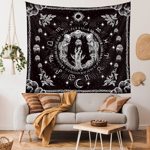 Tapiz De Pared Esqueleto Gótico Poliéster Zodiaco Luna Estrella Misterioso Oculto Decoración Hogar Dormitorio Sala Estar