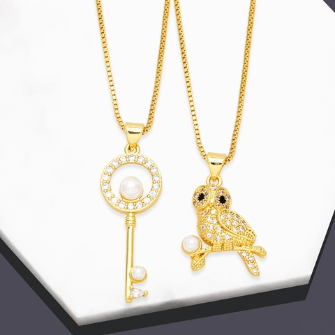 Hanger Ketting Koper 18K Verguld Uil Sleutel Vorm Cubic Zirconia Kunstparel Sieraden Voor Vrouwen Venetiaanse Ketting