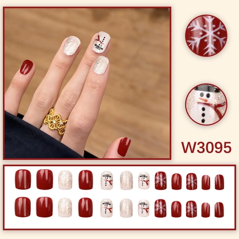 Uñas Postizas De Navidad Muñeco De Nieve Copo De Nieve Rojo Blanco Brillo ABS Uñas Cortas Cuadradas Redondas Para Mujeres