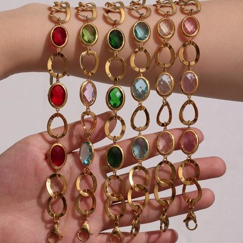 Stainless Steel Gold Plated Bracelet With Oval Colorful Czech Glass Artificial Gemstone Luxury Vintage Fashion Jewelry For Women