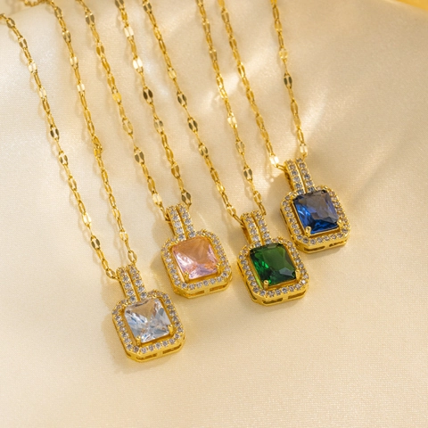 Collier Pendentif Acier Inoxydable Zircone Cubique Rectangle Émeraude Rose Clair Gemme Plaqué Or Bijoux Élégants Femmes