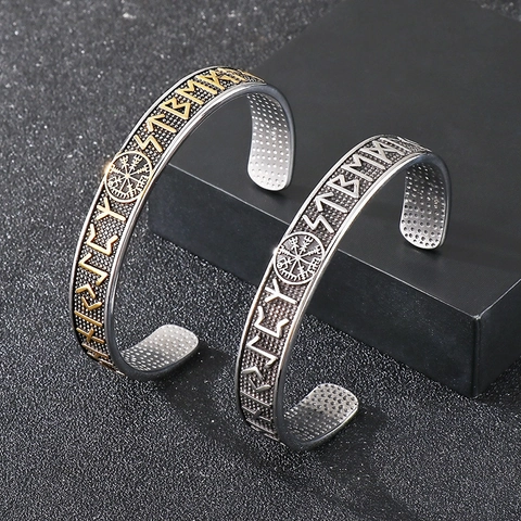 Viking Rune Compass Open Cuff Bangle Stainless Steel Men Nordic Punk Retro Jewelry