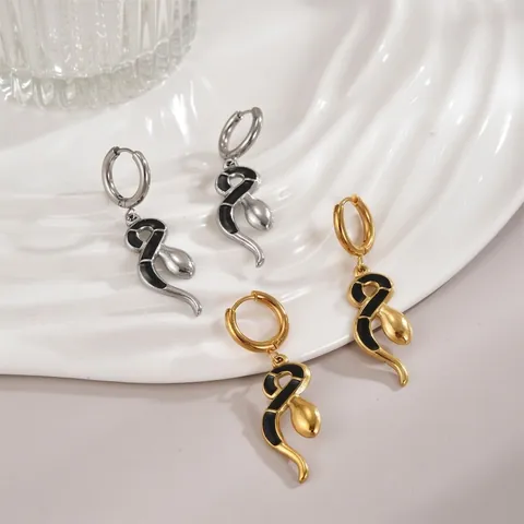 Snake Pendant Hoop Earrings Copper With Green Cubic Zirconia And Black Enamel Irregular French Vintage Style For Women