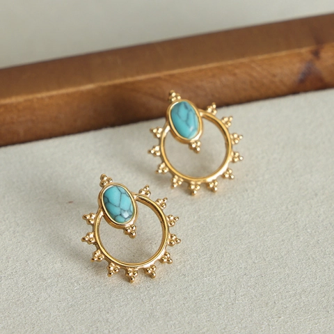 Vintage Boheemse Titaniumstaal Vergulde Ronde Zon Oorknopjes Met Turkoois Ingelegde Dames Mode Sieraden Cadeau