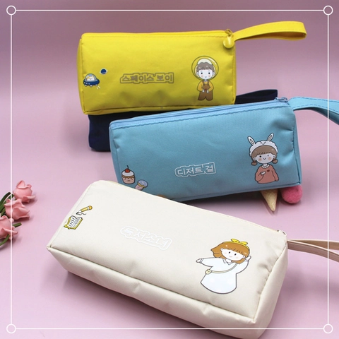 Oxford Cloth Pencil Case Large Capacity Double Layer Cartoon Hand Drawn Portable Stationery Pouch With Handle For Students