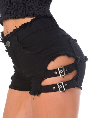 Pantaloncini Denim Donna Vita Alta Ritaglio Laterale Fibbia Metallo Orlo Sfilacciato Stile Punk Street Summer Hot Pants