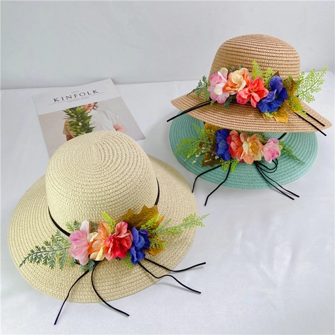 Chapeau De Pêcheur En Paille D'été Femme Large Bord Floral Protection Solaire Plage Voyage Pliable Style Bohème