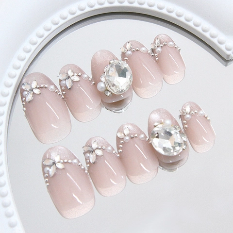 Handgemaakte Roze Kattenoog Plaknagels Franse Stijl Met Strass Steentjes En Imitatieparels Elegante Kunstnagels Voor Dames