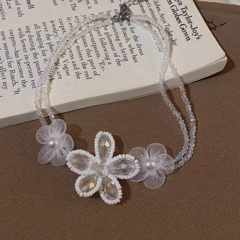 Floral Beaded Choker Necklace Faux Artificial Pearl Transparent Glass Beads Double Layer Hand Woven Elegant Sweet Jewelry For Women