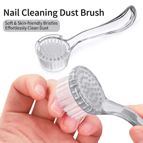 Round Head Nail Cleaning Brush With Dust Cover Transparent Long Handle Manicure Dust Remover Soft Bristles Tool For Women