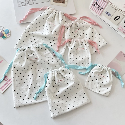 Polka Dot Drawstring Storage Bag Pouch Cotton Canvas Makeup Jewelry Organizer Travel Sundries Packaging Kawaii Ins Style