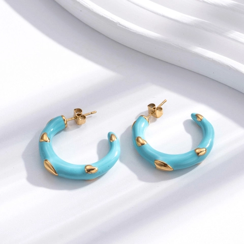 Bohemian Stainless Steel 3D Heart C-Shaped Hoop Earrings Colorful Enamel Drip Oil Studs For Women High-End Fashion Jewelry