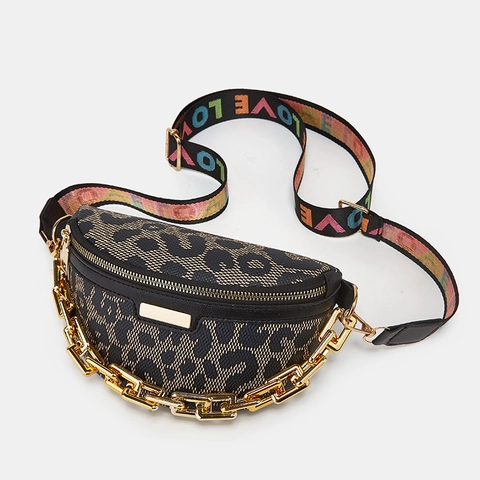 Bolso de Pecho para Mujer a la Moda con Estampado de Leopardo y Cadena Dorada Grande Riñonera de Cuero PU Correa de Letras Colorida