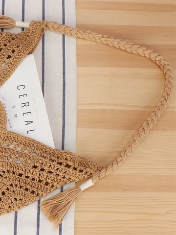 Handmade Cotton Rope Woven Shoulder Bag Hollow Out Triangular Beach Vacation Handbag And Inner Pouch Tassel Bohemian Women