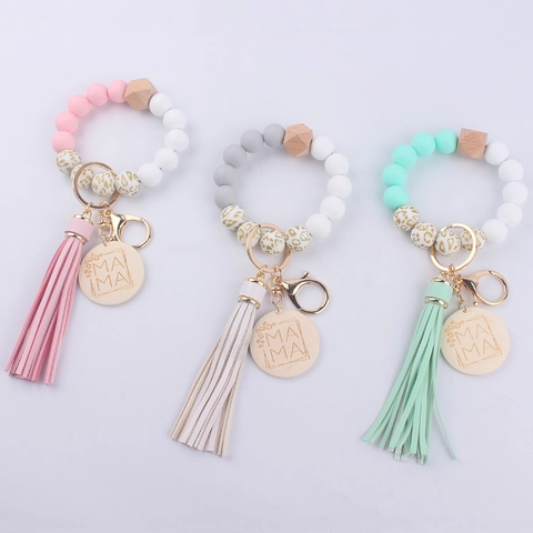 Silicone Beaded Keychain Wristlet Wooden MAMA Pendant PU Tassel Leopard Print Bracelet Key Ring Women Mother Gift
