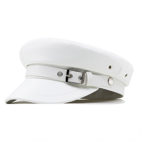 Vintage PU Leather Newsboy Cap Women British Style Military Hat With Metal Buckle Adjustable Breathable Flat Top