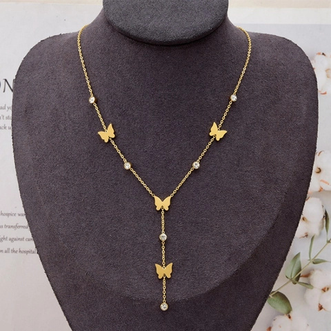Butterfly Pendant Necklace Titanium Steel Frosted Butterfly Y-Shape Rhinestone Elegant Jewelry For Women