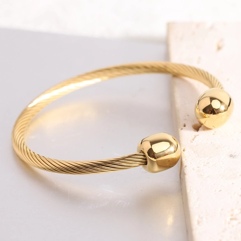 Bracelet Jonc En Acier Inoxydable Minimaliste Vintage Fil De Câble Torsadé Ouvert Bangle Poli Haute Brillance Extrémité Sphérique