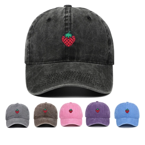 Strawberry Embroidery Washed Cotton Baseball Cap Adjustable Outdoor Leisure Vintage Sun Protection Hat
