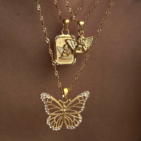 Angel Cupid Butterfly Pendant Necklace 18K Gold Plated Stainless Steel Rhinestone Dainty Vintage Jewelry For Women